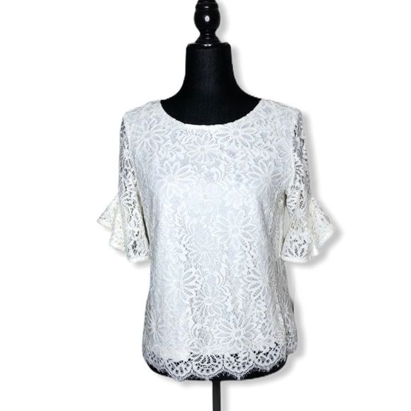 Nanette Lepore Cream Lace Flounce Statement Sleeve Blouse NWT size Small - Picture 4 of 11